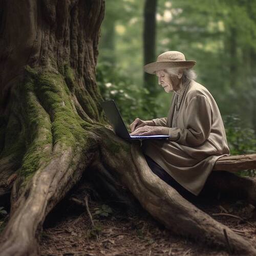 ReunigKozh_an_old_woman_working_on_a_laptop_under_a_tree_like_S_3a41a01c-20f0-4a61-a076-72b687800c46-bis